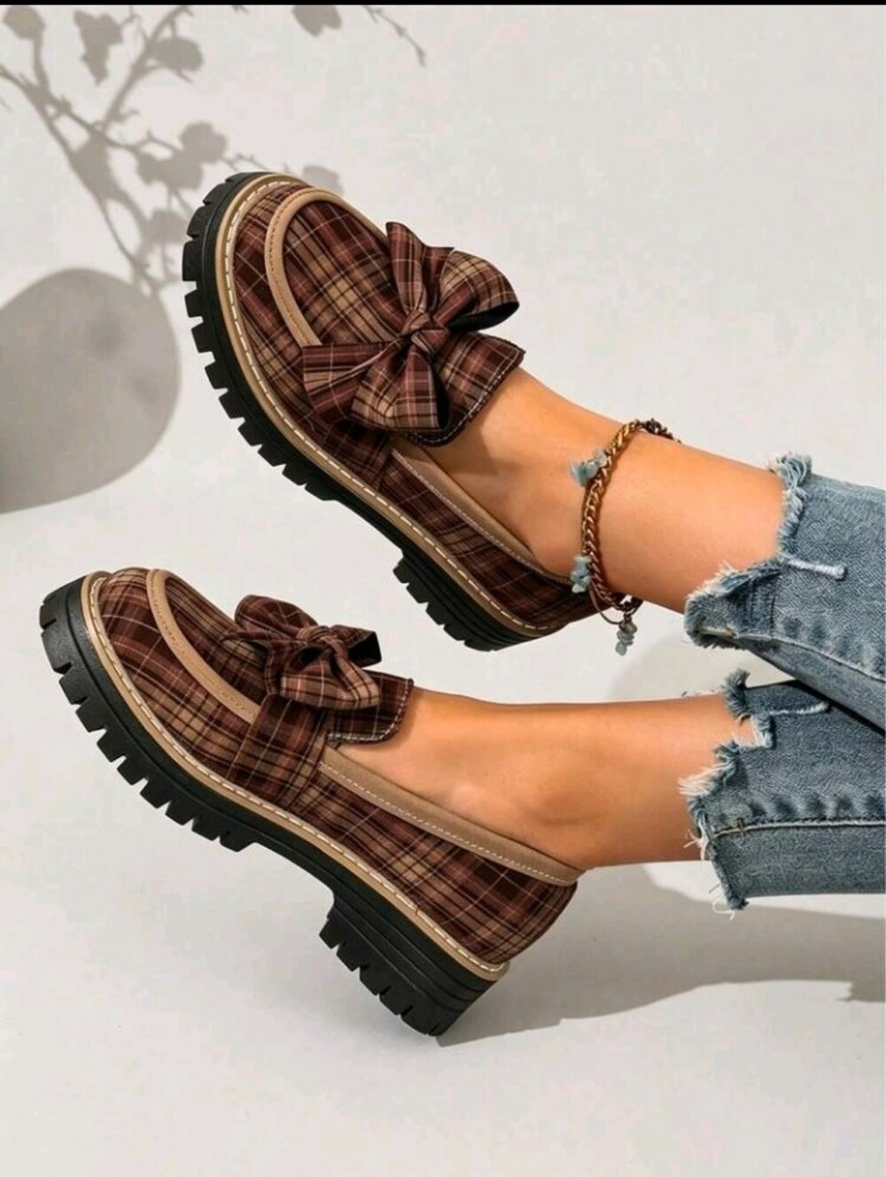 Women Loafers Plaid Bow Decor Platform Slip On Shoes For Adult Women Soft - Picture 4 of 5